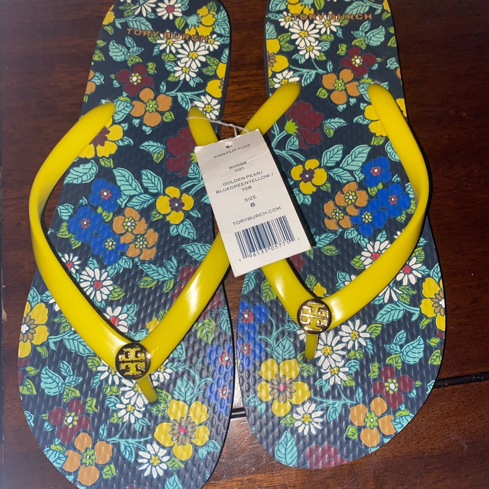 Tory Burch Floral Flip Flops with Yellow Straps
